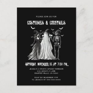Postal De Invitación Disfraces y cócteles Black White Halloween Party