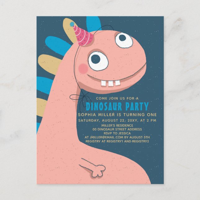 Postal De Invitación Diversión rosa de los dinosaurios Cute niños simpl (Anverso)