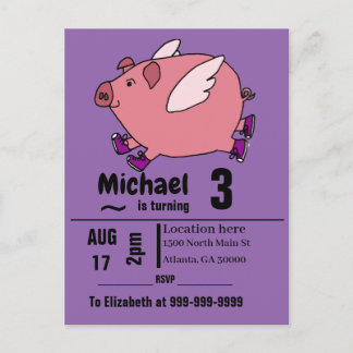 Postal De Invitación Divertida fiesta de cumpleaños del cerdo volador