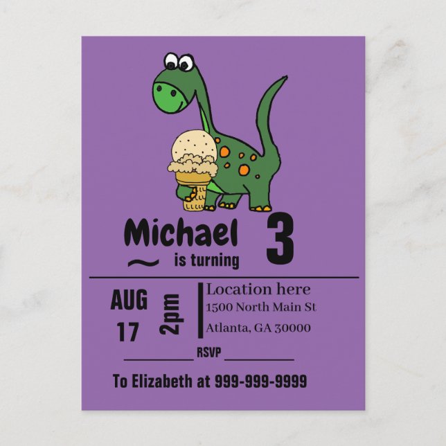 Postal De Invitación Divertido Baby Dinosaur y la fiesta de cumpleaños  (Anverso)