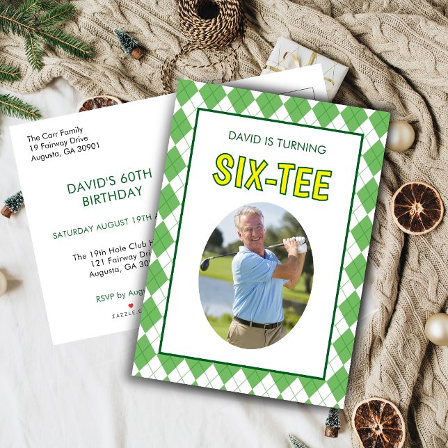 Postal De Invitación Divertido cumpleaños número 60 de Six-tee Golf (Six-tee 60th birthday photo golf invitation postcard)