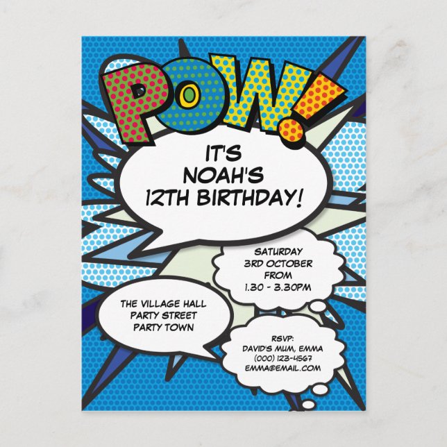 Postal De Invitación Diviértete Cumpleaños Azul Moderno Cómic POW Cualq (Anverso)