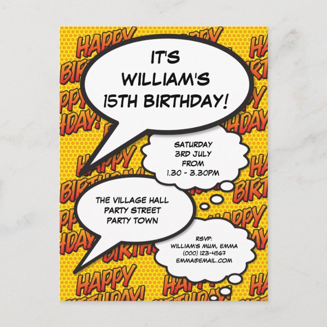 Postal De Invitación Diviértete Cumpleaños Feliz Fiesta Comic Moderno (Anverso)