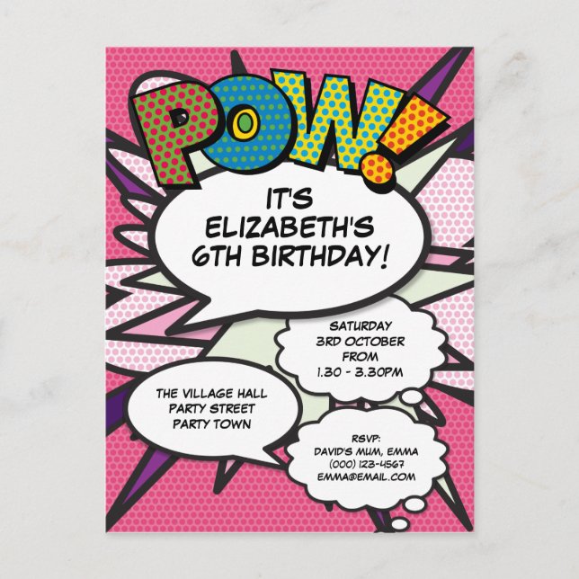 Postal De Invitación Diviértete moderno Cumpleaños Rosa Fiesta Cómic PO (Anverso)