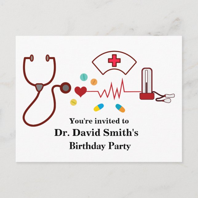 Postal De Invitación Doctor, Enfermería, Cumpleaños médico (Anverso)