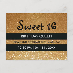 Postal De Invitación Dorado Purpurina Black Stripes Sweet 16 cumpleaños