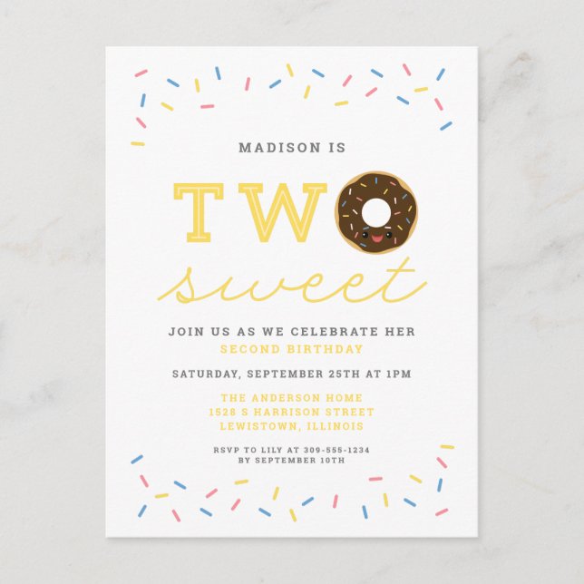 Postal De Invitación Dos dulces donut y rocian segundo cumpleaños amari (Anverso)
