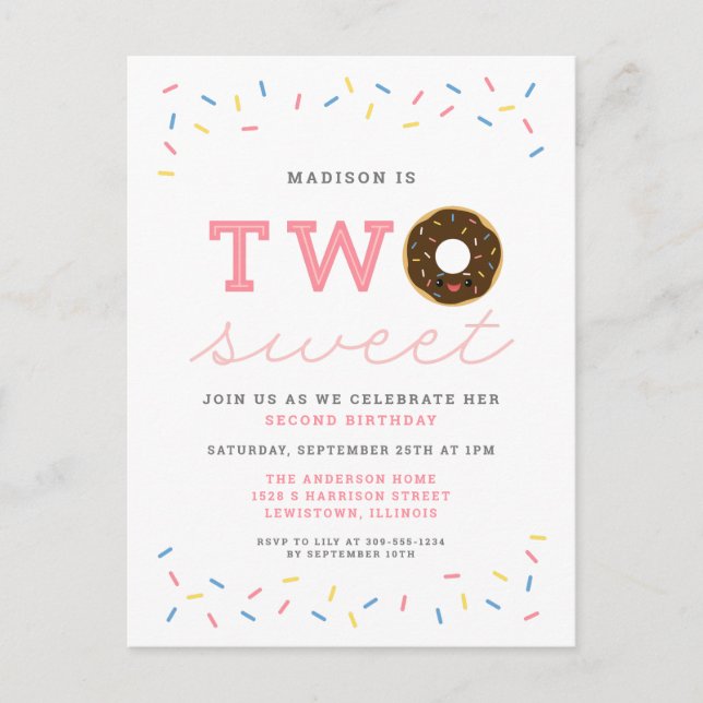 Postal De Invitación Dos dulces donut y rociar rosado segundo cumpleaño (Anverso)