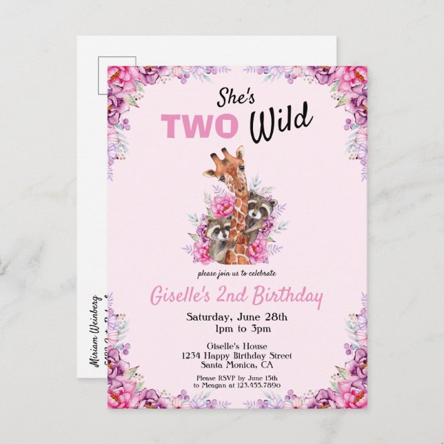 Postal De Invitación Dos salvajes Safari Rosa Girafa Fiesta de Cumpleañ (Anverso / Reverso)