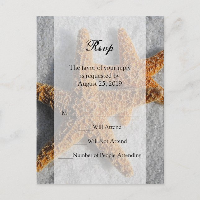 Postal De Invitación Dos Starfish & Sand, Beach Wedding RSVP Reply Card (Anverso)