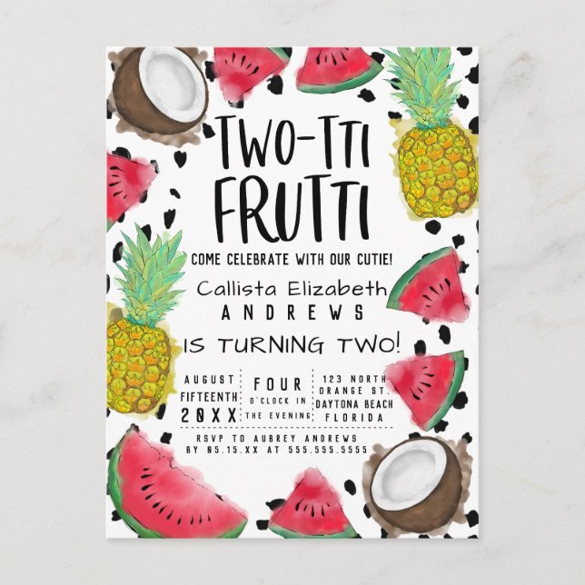 Postal De Invitación Dos tti Frutti Cute Fruit acuarela 2º cumpleaños (Anverso)