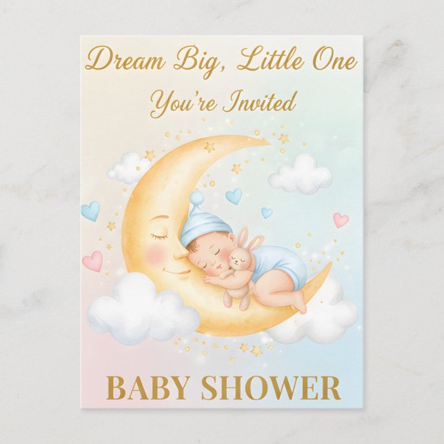 Postal De Invitación Dreamy Moon Baby Shower Invitation - Sleeping Baby (Anverso)