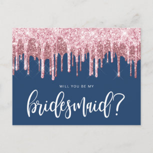 Postal De Invitación Drip de purpurina de oro rosa ¿serás mi dama de ho