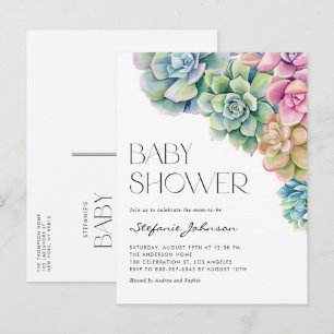Postal De Invitación Ducha de Bebé de Verano Suculentas Acuarela Pastel
