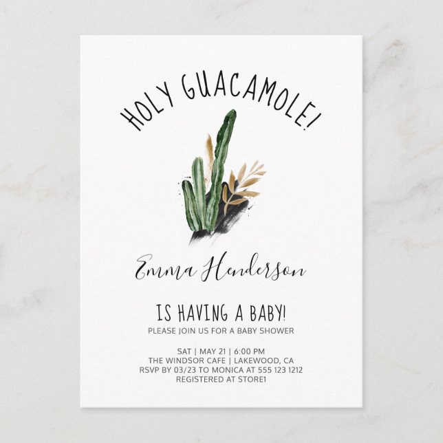 Postal De Invitación Ducha de Bebé del Sagrado Guacamole Mexicano Cactu (Anverso)