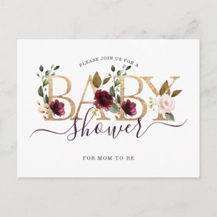 Postal De Invitación Ducha de Bebé Floral Burgundy Vino Dorado