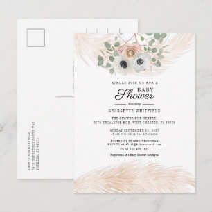 Postal De Invitación Ducha de Bebé Niña Moderna con Hierba de Pampas Fl