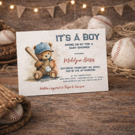 Postal De Invitación Ducha de Bebé Niño Acuarela Oso de Peluche Béisbol