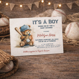 Postal De Invitación Ducha de Bebé Niño Acuarela Oso de Peluche Béisbol