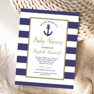 Postal De Invitación Ducha de bebé niño de ancla náutica con rayas azul