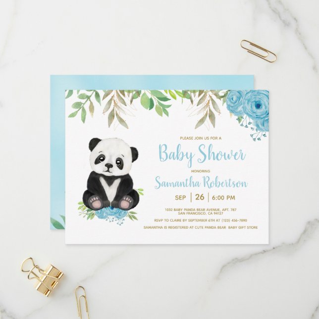 Postal De Invitación Ducha de bebé niño oso adorable acuarela azul verd (Anverso/Reverso In Situ)