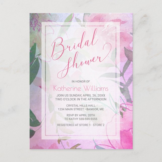 Postal De Invitación Ducha de novia acuarela Floral Púrpura Rosa Peony (Anverso)