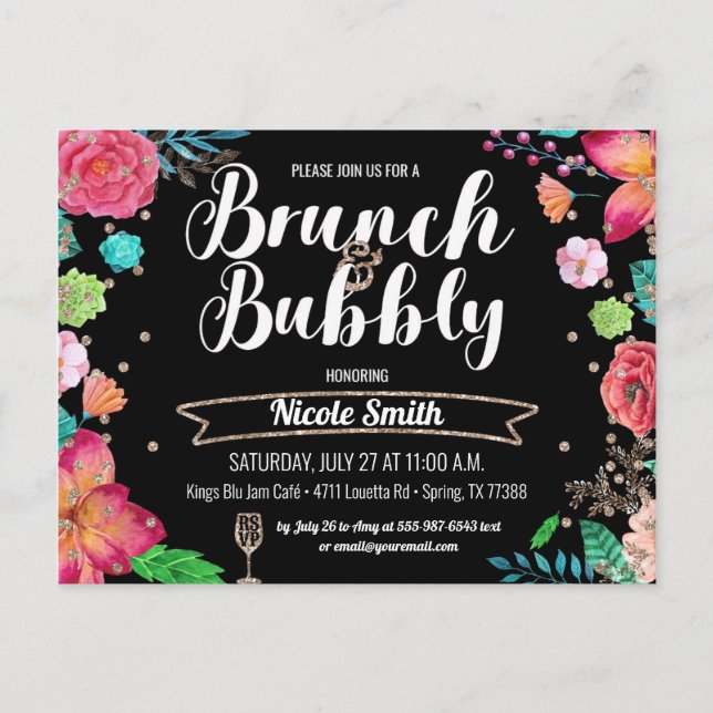 Postal De Invitación Ducha de novia Brunch and Bubbly Purpurina de cham (Anverso)