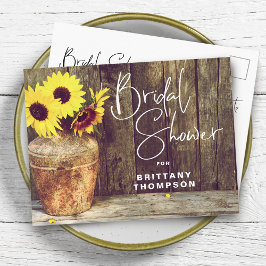 Postal De Invitación Ducha de Novia con Girasoles Rústicos de Madera