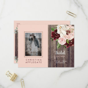 Postal De Invitación Ducha de Novia con Vino Rústico y Floral Rosado Fo