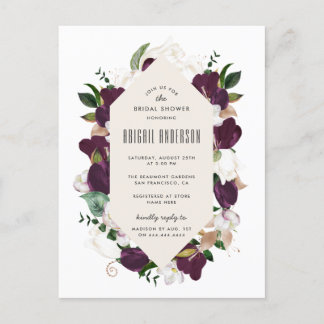 Postal De Invitación Ducha de novia de plumas moradas de flores de plum