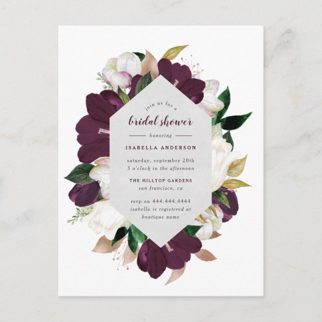 Postal De Invitación Ducha de novia dorada y púrpura de ciruela (Anverso)
