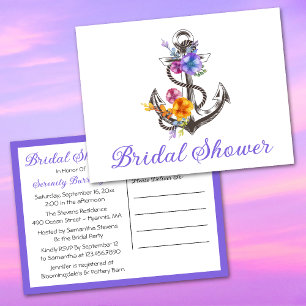 Postal De Invitación Ducha de Novia Floral Ancla Morada Náutica