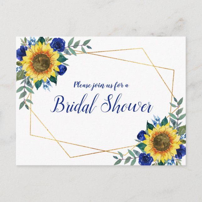 Postal De Invitación Ducha de novia floral azul geométrica giratoria (Anverso)
