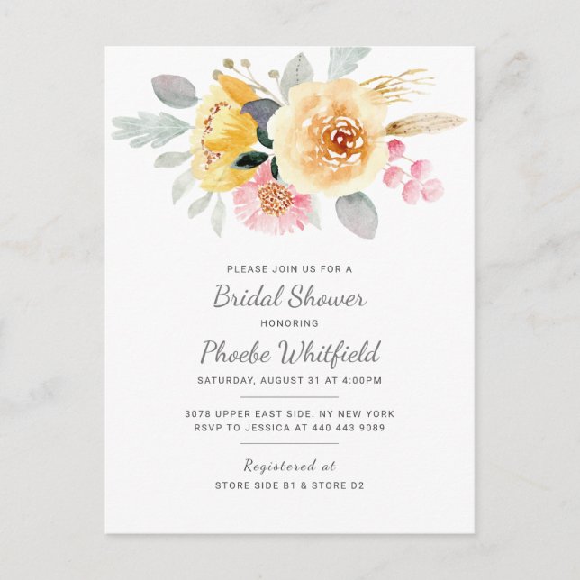 Postal De Invitación Ducha de novia floral moderna Rústico amarillo ros (Anverso)