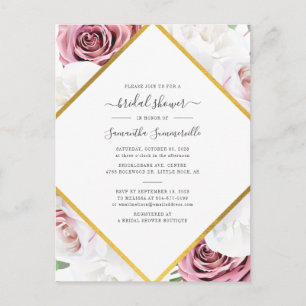 Postal De Invitación Ducha de Novia Floral Rosa Oro Geométrico Moderno