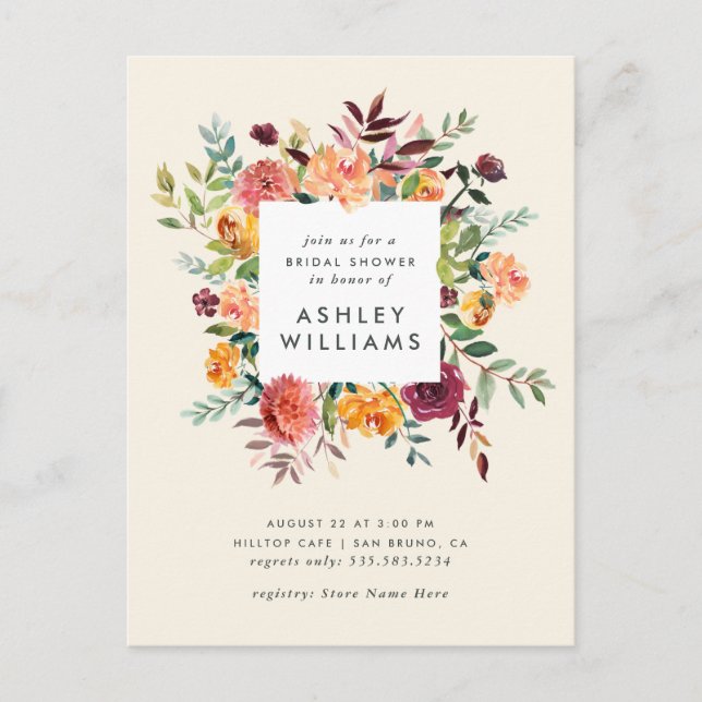 Postal De Invitación Ducha de novia floral Rubor & Burgundy Marsala (Anverso)
