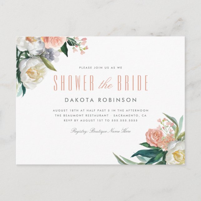 Postal De Invitación Ducha de novia floral suave pastel acuarela (Anverso)