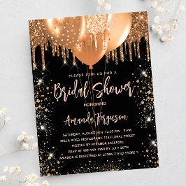 Postal De Invitación Ducha de novia globos purpurinas de oro negro glam