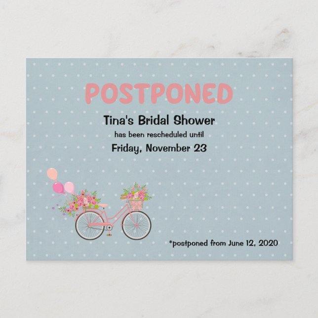 Postal De Invitación Ducha de Novia Pospuesta Bicicleta y Lunares Flora (Anverso)