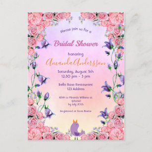 Postal De Invitación Ducha de novia púrpura rosa pájaro floral lindo