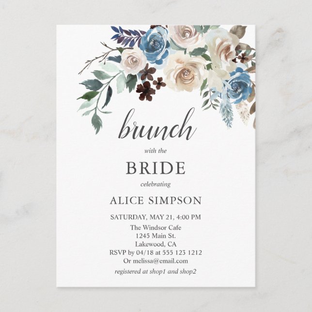 Postal De Invitación Ducha de novias de brunch de flores azul beige (Anverso)