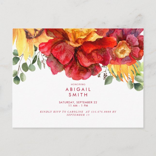 Postal De Invitación Ducha de novias de girasol toscano y peonia roja (Anverso)