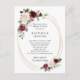 Postal De Invitación Ducha Nupcial Abstracta Floral Borgoña Dorada