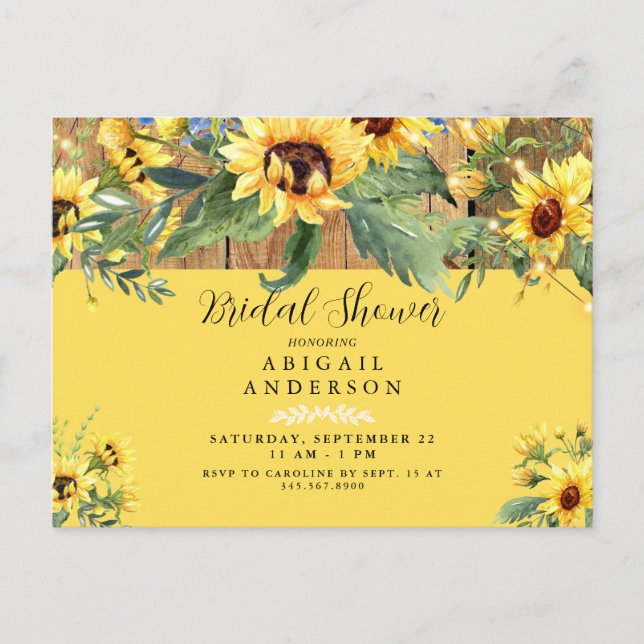 Postal De Invitación Ducha nupcial amarilla y rusa de girasol (Anverso)