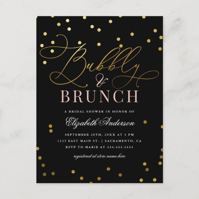 Postal De Invitación Ducha nupcial de brunch y burbuja de oro (Anverso)