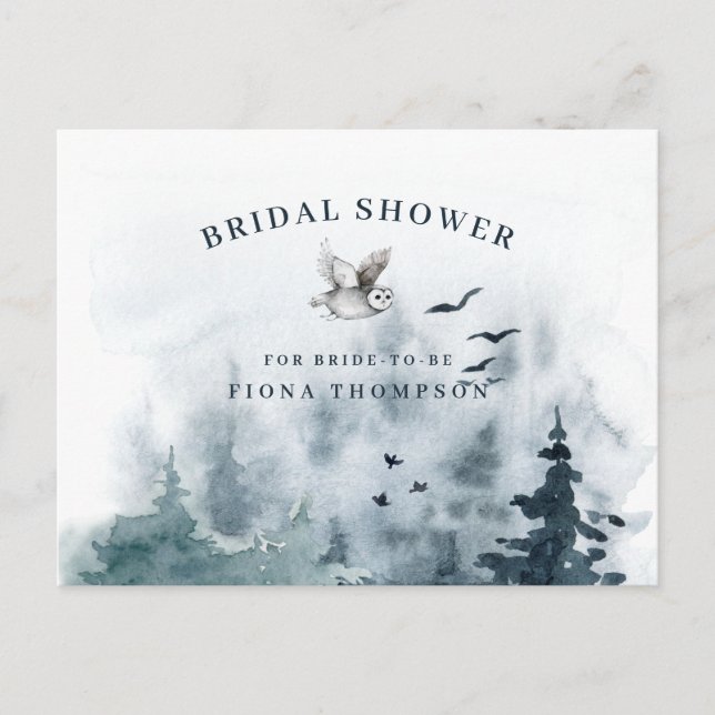 Postal De Invitación Ducha nupcial de búho de montaña acuarela (Anverso)