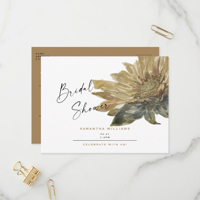 Postal De Invitación Ducha nupcial de girasol pintado con mano rústica (Anverso/Reverso In Situ)