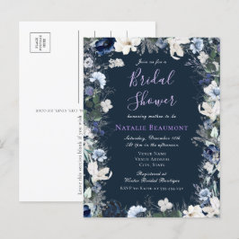 Postal De Invitación Ducha nupcial floral azul de la marina moderna