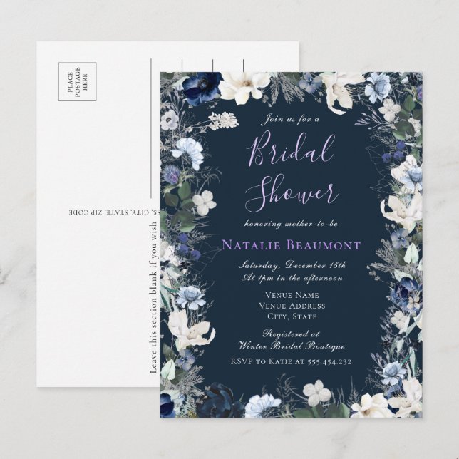 Postal De Invitación Ducha nupcial floral azul de la marina moderna (Anverso / Reverso)