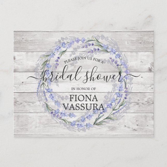 Postal De Invitación Ducha nupcial floral de lavanda de madera rústica (Anverso)